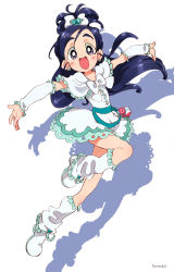 Rule 34 | 00s, 1girl, :d, arm warmers, blue eyes, blue hair, blush, boots, cure white, dress, earrings, frilled dress, frilled legwear, frilled skirt, frilled sleeves, frills, full body, futari wa precure, half updo, heart, heart earrings, highres, jewelry, knee boots, long hair, looking at viewer, magical girl, matching hair/eyes, open mouth, outstretched arms, precure, ribbon, shadow, simple background, skirt, smile, solo, walrus-ruin, white background, white footwear, white legwear, yukishiro honoka