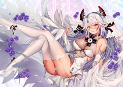 Rule 34 | 1girl, adapted costume, alternate costume, ankle ribbon, antenna hair, ass, azur lane, bare shoulders, blush, breasts, bridal gauntlets, bridal veil, brown eyes, cleavage, closed mouth, clothes lift, collarbone, cross, crossed legs, dated, day, dress, dress lift, flower, foating, garter straps, gloves, hair between eyes, hair ornament, half-closed eyes, hands up, head tilt, headgear, heart, high heels, indoors, iron cross, large breasts, leg ribbon, lifting own clothes, light particles, long hair, looking at viewer, mole, mole on breast, multicolored hair, no bra, obiwan, open mouth, panties, petals, prinz eugen (azur lane), prinz eugen (symphonic fate) (azur lane), pumps, red hair, ribbon, rose, see-through, shoes, smile, solo, thighhighs, thighs, twitter username, two side up, underwear, veil, very long hair, wedding dress, white dress, white flower, white gloves, white hair, white thighhighs