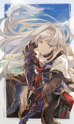 Rule 34 | 1boy, belt, bishounen, blue eyes, border, cape, cassius (granblue fantasy), collarbone, commentary request, earrings, from above, gloves, granblue fantasy, highres, jewelry, long hair, male focus, mumu vosp, own hands together, platinum blonde hair, single earring, sitting, sky, smile, solo, tassel, tassel earrings