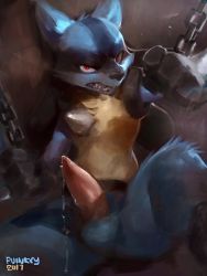 Rule 34 | 2017, angry, bdsm, chain, clenched hands, creatures (company), digitigrade, erection, fangs, furry, furry male, game freak, gen 4 pokemon, glowing, glowing eyes, highres, large penis, looking at viewer, lucario, male focus, nintendo, nude, paint, penis, pokemon, pokemon (creature), puinkey, red eyes, solo, spikes, struggling, testicles, uncensored, video game