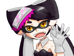 Rule 34 | + +, 1girl, black hair, brown eyes, callie (splatoon), close-up, commentary, detached collar, earrings, fangs, food, food on head, gloves, highres, inkling, jewelry, long hair, mole, mole under eye, nintendo, object on head, open mouth, pointy ears, smile, solo, splatoon (series), splatoon 1, strapless, tentacle hair, upper body, white background, white gloves, writer park