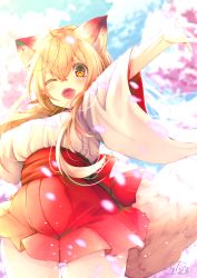 Rule 34 | 1girl, ;d, animal ear fluff, animal ears, backlighting, blue sky, blush, breasts, brown hair, chita (ketchup), commentary request, cowboy shot, day, fangs, flower, fox ears, fox girl, fox tail, gluteal fold, hair between eyes, highres, impossible clothes, japanese clothes, kimono, long hair, medium breasts, one eye closed, open mouth, original, outdoors, outstretched arm, pink flower, pleated skirt, red eyes, red skirt, short eyebrows, short sleeves, signature, skirt, sky, smile, solo, tail, tail raised, thick eyebrows, thigh gap, very long hair, white kimono, wide sleeves