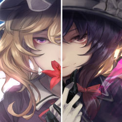 Rule 34 | &gt;:), 2girls, asymmetrical gloves, backlighting, black gloves, black hair, bow, close-up, closed mouth, commentary request, cover, covered mouth, eyelashes, floating hair, flower, flower over mouth, gloves, hair between eyes, hair bow, hair ribbon, hat, hat bow, head out of frame, highres, holding, holding flower, kumonji aruto, lipstick, looking at viewer, makeup, maribel hearn, mismatched gloves, multiple girls, own hands together, portrait, purple eyes, red bow, red eyes, red flower, red lips, ribbon, smile, split theme, touhou, tress ribbon, usami renko, v-shaped eyebrows, white bow, white gloves