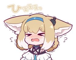 Rule 34 | &gt; &lt;, 1girl, animal ear fluff, animal ears, arknights, bare shoulders, blonde hair, blush, braided hair rings, chibi, closed eyes, commentary, crying, flying sweatdrops, fox ears, hair rings, kurotofu, material growth, multicolored hair, nose blush, open mouth, oripathy lesion (arknights), shirt, sidelocks, simple background, solo, suzuran (arknights), symbol-only commentary, tears, translation request, trembling, two-tone hair, upper body, wavy mouth, white background, white hair, white shirt