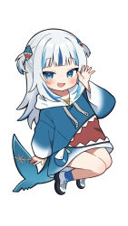 1girl animal_costume blue_eyes blue_hair blue_hoodie blue_socks blush fins fish_tail fuminshou_(nekopan_art) gawr_gura gawr_gura_(1st_costume) grey_hair hair_ornament highres hololive hololive_english hood hoodie looking_at_viewer medium_hair multicolored_hair open_mouth shark_costume shark_girl shark_hair_ornament shark_tail smile socks solo streaked_hair tail two_side_up virtual_youtuber white_footwear