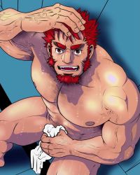 Rule 34 | 1boy, abs, alternate hairstyle, bara, bare pectorals, beard, brown eyes, chest hair, covering crotch, covering privates, dark-skinned male, dark skin, facial hair, fate/grand order, fate (series), from above, iskandar (fate), large pectorals, looking at viewer, male focus, mature male, muscular, muscular male, naked towel, navel hair, nipples, pectorals, red hair, short hair, sitting, smile, solo, stomach, sweat, thick eyebrows, thick thighs, thighs, towel, tsukasa matsuzaki, veins, wet