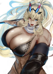 Rule 34 | 1girl, abs, axe, bare shoulders, battle axe, biceps, bikini, black bikini, blonde hair, blue eyes, breasts, cleavage, barghest (fate), fairy knight gawain (ice warrior) (fate), fate/grand order, fate (series), gauntlets, heterochromia, horns, huge breasts, jikihatiman, long hair, looking at viewer, muscular, muscular female, navel, open mouth, ponytail, red eyes, scarf, sidelocks, single gauntlet, solo, swimsuit, weapon, white scarf