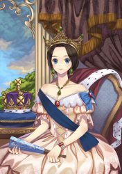 Rule 34 | 1girl, bare shoulders, blue eyes, briska, brown hair, chair, collarbone, crown, dress, earrings, holding, jewelry, looking at viewer, original, queen, real life, real life insert, short hair, sitting, smile, solo, victorian