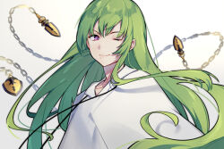 Rule 34 | 1other, anchun (quail0503), androgynous, chain, collarbone, enkidu (fate), fate/grand order, fate (series), floating, floating hair, floating object, green hair, kingu (fate), long hair, looking at viewer, one eye closed, portrait, purple eyes, robe, simple background, single sidelock, smile, white robe