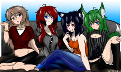 Rule 34 | 4girls, animal ears, blue eyes, blue hair, blush, breasts, brown eyes, brown hair, cat ears, cat girl, cat tail, cleavage, couch, cpt.tester works, green hair, group picture, highres, multiple girls, red eyes, red hair, skirt, tail, wolf ears, wolf girl, wolf tail