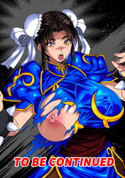 Rule 34 | 1girl, breasts, brown eyes, brown hair, capcom, chinese clothes, chun-li, cleavage, english text, female focus, highres, huge breasts, large breasts, nipples, open mouth, pantyhose, raisuta, short hair, street fighter, text focus, translation request