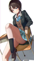 Rule 34 | 1girl, absurdres, black hair, black jacket, black socks, blazer, blue bow, blue bowtie, blue eyes, blue skirt, blush, bow, bowtie, brown cardigan, brown footwear, cardigan, collared shirt, commentary request, desk, flat chest, gluteal fold, highres, hololive, jacket, knee up, legs, loafers, long sleeves, looking at viewer, nayuyu1105, on chair, oozora subaru, parted lips, plaid, plaid bow, plaid bowtie, plaid skirt, school desk, school uniform, shirt, shoes, short hair, simple background, sitting, skirt, smile, socks, solo, thighs, virtual youtuber, white background, white shirt