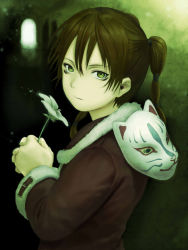 Rule 34 | 1girl, brown hair, flower, green eyes, hands up, highres, holding, holding flower, hotateyuki, indoors, long sleeves, looking at viewer, mask, unworn mask, multi-tied hair, own hands together, ran (texhnolyze), serious, solo, texhnolyze, twintails, upper body