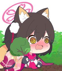 Rule 34 | 1girl, @ @, animal ear fluff, animal ears, black gloves, black hair, black sailor collar, blue archive, blush, branch, breasts, brown eyes, chibi, commentary request, fang, gloves, hair between eyes, halo, holding, holding branch, izuna (blue archive), looking away, medium breasts, nose blush, nyaru (nyaru 4126), open mouth, partially fingerless gloves, pink scarf, sailor collar, scarf, shirt, solo, sweat, tail, white background, white shirt