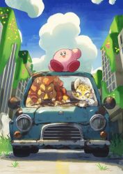 Rule 34 | absurdres, anko2552, building, car, clawroline, cup, day, drinking straw, driving, flower, fur, grass, hand up, highres, holding, holding cup, kirby, kirby (series), kirby and the forgotten land, leongar, mane, motor vehicle, nintendo, no humans, sitting, sky, smile, star (symbol), sweat, vehicle focus