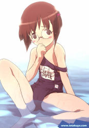 Rule 34 | 1girl, barefoot, blush stickers, bob cut, brown eyes, brown hair, flat chest, glasses, hand to own mouth, io takuya, name tag, one-piece swimsuit, original, purple one-piece swimsuit, purple school swimsuit, round eyewear, school swimsuit, short hair, sitting, solo, spread legs, strap slip, submerged, swimsuit, water
