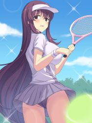 Rule 34 | 1girl, ass, ball, blue sky, breasts, commentary request, day, hat, highres, holding, holding racket, large breasts, long hair, looking at viewer, murasaki (senran kagura), open mouth, outdoors, panties, perapera, pleated skirt, purple eyes, purple hair, purple panties, purple shirt, purple skirt, racket, senran kagura, shirt, sidelocks, skirt, sky, solo, sportswear, standing, tennis ball, tennis racket, tennis uniform, thighs, tree, trefoil, underwear, very long hair, visor cap, wavy mouth, white hat, wristband