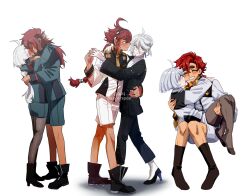Rule 34 | 2girls, ahoge, asticassia school uniform, blush, boots, carrying, closed eyes, couple, dancing, earrings, formal, grey hair, gundam, gundam suisei no majo, hair down, hairband, high heels, highres, hug, jewelry, kiss, korean commentary, long hair, looking at viewer, miorine rembran, multiple girls, multiple views, no shoes, nyong-choi, official alternate hair length, official alternate hairstyle, pantyhose, ponytail, princess carry, red hair, ring, school uniform, short hair, shorts, simple background, smile, socks, suit, suletta mercury, thick eyebrows, wedding ring, white background, wife and wife
