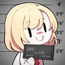 Rule 34 | 1girl, barbie mugshot (meme), blonde hair, bob cut, character name, collared shirt, detective, height chart, height mark, highres, holding, holding sign, hololive, hololive english, long sleeves, looking at viewer, meme, mugshot, necktie, onionyaa, prison, prisoner, red necktie, shirt, short hair, short necktie, sign, smol ame, upper body, virtual youtuber, watson amelia, white shirt