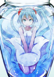 Rule 34 | 1girl, blue eyes, blue hair, bottle, dress, hatsune miku, in bottle, in container, long hair, looking at viewer, matching hair/eyes, pon (shind 997), solo, submerged, twintails, v arms, vocaloid, water, white dress