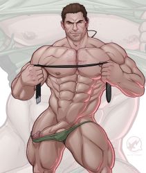 Rule 34 | 1boy, abs, bara, belt, black gloves, black hair, blitzturner, briefs, chris redfield, closed mouth, erection, facial hair, fingerless gloves, gloves, green male underwear, headset, highres, holding, holding belt, large pectorals, male focus, male underwear, male underwear pull, muscular, muscular male, navel, nipples, nude, pectorals, penis, resident evil, resident evil 5, short hair, smile, solo, thick thighs, thighs, underwear