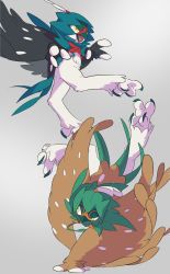 Rule 34 | alternate color, animal focus, bird, commentary request, creatures (company), decidueye, game freak, gen 7 pokemon, grey background, highres, nintendo, no humans, open mouth, owl, pkpokopoko3, pokemon, pokemon (creature), red pupils, shiny and normal, shiny pokemon, simple background, talons, tongue, yellow eyes