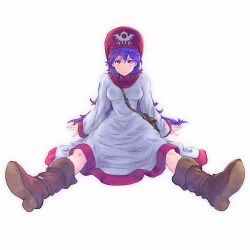 Rule 34 | 1girl, breasts, dragon quest, dragon quest ii, dress, full body, hood, long hair, long sleeves, princess of moonbrook, purple hair, sitting, smile, solo, tamago tomato