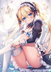 Rule 34 | 1girl, :o, black dress, blonde hair, blue bow, blue eyes, blue panties, blush, bow, breasts, cameltoe, cleavage, commentary request, dress, feathered wings, feathers, feet out of frame, frilled dress, frills, hair between eyes, juliet sleeves, long sleeves, looking at viewer, low wings, medium breasts, mitsuba choco, original, panties, parted lips, puffy sleeves, pulling own clothes, solo, thighhighs, thighhighs pull, twintails, underwear, white feathers, white thighhighs, white wings, wings