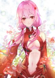 Rule 34 | 1girl, bad id, bad pixiv id, bare shoulders, breasts, center opening, cleavage, detached sleeves, fingerless gloves, fish, gloves, goldfish, guilty crown, hair ornament, hairclip, highres, long hair, medium breasts, navel, pink hair, red eyes, rita, solo, twintails, yuzuriha inori