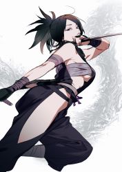 Rule 34 | 1girl, ayame (tenchuu), bandaged arm, bandaged wrist, bandages, beads, black eyes, black hair, braid, breasts, chest sarashi, dual wielding, feet out of frame, hair beads, hair ornament, highres, hip vent, holding, kazari tayu, kodachi, kunoichi, lips, looking at viewer, medium breasts, medium hair, ninja, parted bangs, parted lips, ponytail, revealing clothes, reverse grip, sarashi, short sword, sideboob, sideless outfit, simple background, solo, sword, tenchuu, weapon, white background