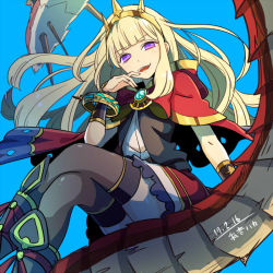 Rule 34 | 1girl, bad id, bad pixiv id, black thighhighs, blonde hair, blunt bangs, bow, bracelet, cagliostro (granblue fantasy), cape, crown, dragon, evil smile, granblue fantasy, hairband, jewelry, kazunehaka, long hair, looking at viewer, open mouth, purple eyes, sitting, skirt, smile, solo, thighhighs