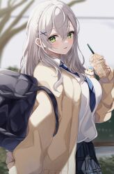 Rule 34 | 1girl, absurdres, alternate costume, backpack, bag, black bag, blue necktie, blue skirt, braid, cardigan, casual, collared shirt, commentary request, cowboy shot, cup, disposable cup, drink, drinking straw, full body, green eyes, grey hair, hair between eyes, hair ornament, hairclip, highres, holding, holding drink, hololive, long hair, long sleeves, looking at viewer, milkshake, necktie, open cardigan, open clothes, open mouth, outdoors, plaid, plaid skirt, sa-ya2, shirogane noel, shirt, shirt tucked in, skirt, smile, solo, virtual youtuber, white shirt, x hair ornament