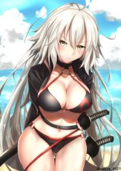 Rule 34 | 1girl, ahoge, arms behind back, beach, belt, bikini, black bikini, black jacket, blush, breasts, choker, cleavage, cloud, cloudy sky, collarbone, commentary request, day, fate/grand order, fate (series), highres, jacket, jeanne d&#039;arc alter (swimsuit berserker) (fate), jeanne d&#039;arc (fate), jeanne d&#039;arc alter (fate), jeanne d&#039;arc alter (swimsuit berserker) (fate), katana, large breasts, leaning forward, long hair, looking at viewer, navel, o-ring, o-ring bikini, ocean, open clothes, open jacket, sebire, shrug (clothing), silver hair, sky, solo, swimsuit, sword, twitter username, very long hair, weapon, yellow eyes