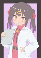 Rule 34 | 1girl, belt, black border, black hair, bolo tie, border, brown eyes, coat, commentary, grin, hair between eyes, hair ornament, hairclip, hand on own hip, highres, holding, holding tablet pc, lab coat, long hair, long sleeves, looking at viewer, multicolored hair, onii-chan wa oshimai!, open clothes, open coat, oyama mihari, pink background, purple hair, red skirt, rundraw, simple background, skirt, smile, solo, tablet pc, twintails, two-tone hair, upper body