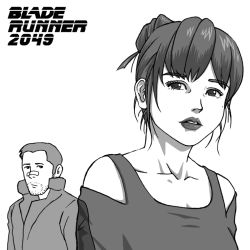 Rule 34 | 1boy, 1girl, animification, bandaid, bandaid on face, blade runner, blade runner 2049, coat, commentary request, cyberpunk, facial hair, greyscale, joi, k (blade runner 2049), kensuke (55), lips, logo, looking at viewer, mole, monochrome, ponytail, science fiction, sketch