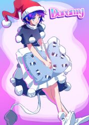 Rule 34 | 1girl, black capelet, black dress, blue eyes, blush, bright pupils, capelet, character name, commentary request, crossed legs, doremy sweet, dress, full body, gradient background, hat, highres, leftame, looking at viewer, medium bangs, nightcap, open mouth, pillow, pink background, pom pom (clothes), print pillow, purple hair, red hat, short hair, socks, solo, tail, tapir print, tapir tail, touhou, watson cross, white pupils, white socks