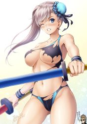 Rule 34 | 1boy, 1girl, armpits, asymmetrical hair, bad id, bad pixiv id, black one-piece swimsuit, blue eyes, blue one-piece swimsuit, blurry, blush, bokeh, breasts, breasts apart, bun cover, chibi, chibi inset, cleavage, clenched teeth, collarbone, cowboy shot, dated, depth of field, embarrassed, fate/grand order, fate (series), foreshortening, frown, gradient background, grey background, hair between eyes, hair bun, halterneck, highres, holding, holding weapon, large breasts, legs apart, lioreo, long hair, looking at viewer, miyamoto musashi (fate), miyamoto musashi (fate/grand order), miyamoto musashi (swimsuit berserker) (fate), miyamoto musashi (swimsuit berserker) (first ascension) (fate), navel, one-piece swimsuit, one eye closed, outstretched arm, parted lips, signature, silver hair, single side bun, solo focus, sparkle, spiked hair, standing, stomach, swimsuit, tearing up, teeth, thighs, torn clothes, torn swimsuit, v-shaped eyebrows, weapon, white background, wristband, yellow background