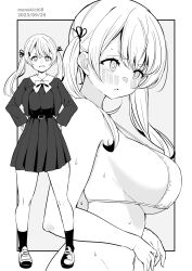 Rule 34 | 1girl, artist name, bikini, breasts, commentary request, grey background, greyscale, highres, kichihachi, large breasts, looking at viewer, medium hair, monochrome, multiple views, open mouth, original, school uniform, standing, swimsuit, twintails, two-tone background, white background