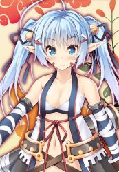 Rule 34 | 1girl, bare shoulders, bell, blue eyes, blue hair, blue ribbon, blush, breasts, cleavage, date elf masamune, detached sleeves, elf, facial mark, hair bell, hair ornament, hair ribbon, japanese clothes, long hair, long sleeves, looking at viewer, matching hair/eyes, mitsuki mantarou, navel, pointy ears, red ribbon, red rope, ribbon, rope, small breasts, smile, solo, twintails, two side up, upper body, white ribbon
