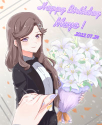 Rule 34 | 2girls, bouquet, bow, bowtie, brown hair, character name, chibinekopan, dated, english text, female pov, flower, formal, happy birthday, highres, holding, holding bouquet, holding hands, indoors, light blush, lily (flower), long hair, multiple girls, nail polish, petals, pov, purple eyes, saijou claudine, shoujo kageki revue starlight, smile, solo focus, suit, tendou maya, wedding, wife and wife, yuri