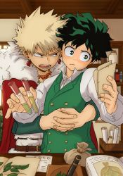 Rule 34 | 2boys, bag, bakugou katsuki, belt, blonde hair, blush, boku no hero academia, book, brown belt, cape, collared shirt, earrings, freckles, fur collar, green eyes, green hair, green vest, highres, holding, holding paper, holding test tube, hug, hug from behind, interlocked fingers, jewelry, leaf, looking at another, looking at object, male focus, midoriya izuku, mortar (bowl), multiple boys, necklace, no control, open mouth, paper, pestle, red cape, red eyes, shelf, shirt, spiked hair, teeth, test tube, vest, white shirt, yaoi