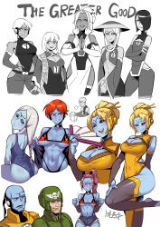 Rule 34 | 2boys, 6+girls, :d, abs, ass, bald, bald girl, bikini, black choker, blonde hair, blue one-piece swimsuit, blue skin, blush, braid, breasts, bridal gauntlets, china dress, chinese clothes, choker, cleavage, cleavage cutout, clothing cutout, colored skin, covered navel, crossed arms, dress, elbow gloves, flame print, gloves, grey hair, grey legwear, grin, hair bun, hair ornament, hair over one eye, hair stick, hand fan, headset, highleg, highleg bikini, highleg leotard, highres, holding, holding fan, large breasts, leotard, long hair, looking at viewer, multiple boys, multiple girls, navel, no nose, ojou-sama pose, one-piece swimsuit, open mouth, parted lips, pelvic curtain, ponytail, red eyes, red hair, ryuusei (mark ii), seductive smile, short hair, shortstack, side slit, signature, single hair bun, smile, standing, standing on one leg, stirrup legwear, swimsuit, t&#039;au, thighhighs, toeless legwear, trembling, warhammer 40k, white background, wig