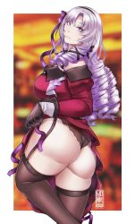 Rule 34 | 1girl, ass, bare shoulders, breasts, brown gloves, come hither, dress, drill hair, from behind, garter straps, gloves, hair ribbon, hairband, highres, huge ass, hyakumantenbara salome, juliet sleeves, large breasts, long hair, long sleeves, medinki, naughty face, nijisanji, off-shoulder dress, off shoulder, puffy sleeves, purple eyes, purple hair, red dress, ribbon, shiny skin, simple background, solo, thick thighs, thighhighs, thighs, thong, very long hair, virtual youtuber, white background