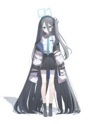 Rule 34 | 1girl, absurdly long hair, absurdres, aqua eyes, aris (blue archive), black hair, black hairband, black skirt, black socks, blue archive, blue halo, blue necktie, blush, closed mouth, collared shirt, full body, hairband, halo, highres, jacket, long hair, long sleeves, looking at viewer, necktie, one side up, open clothes, open jacket, pleated skirt, shadow, shirt, skirt, socks, solo, tachibana shiori (suica 112), transparent background, very long hair, white jacket, white shirt