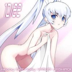 Rule 34 | 1girl, bed sheet, birthday, blue eyes, blue hair, matching hair/eyes, muv-luv, naked sheet, nude, silver hair, simple background, solo, twintails, yashiro kasumi