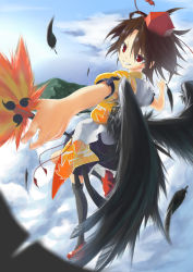 Rule 34 | 1girl, bad id, bad pixiv id, black wings, brown hair, cloud, day, feathered wings, feathers, female focus, flying, from behind, geta, grin, hat, highres, looking at viewer, looking back, mountain, neko7, outdoors, pom pom (clothes), red eyes, red hat, shameimaru aya, short hair, skirt, sky, smile, solo, tokin hat, touhou, wings