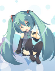 Rule 34 | 1girl, chibi, hatsune miku, long hair, omiso, omiso (omiso), panties, solo, striped clothes, striped panties, thighhighs, twintails, underwear, very long hair, vocaloid