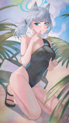 Rule 34 | 1girl, absurdres, animal ear fluff, animal ears, bag, black one-piece swimsuit, blue archive, blue eyes, blue sky, breasts, cloud, competition swimsuit, covered navel, cross hair ornament, day, extra ears, grey hair, hair ornament, halo, highres, low ponytail, luirck, medium breasts, medium hair, mismatched pupils, multicolored clothes, multicolored swimsuit, official alternate costume, one-piece swimsuit, outdoors, sandals, shiroko (blue archive), shiroko (swimsuit) (blue archive), sky, solo, strap slip, swimsuit, wolf ears