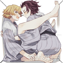 Rule 34 | 2boys, agatsuma zenitsu, barefoot, blonde hair, brown hair, closed eyes, closed mouth, cramped, earrings, eye contact, feet, from side, japanese clothes, jewelry, kaawaisann, kamado tanjirou, kimetsu no yaiba, kimono, legs, looking at another, male focus, multiple boys, open mouth, profile, scar, scar on face, scar on forehead, simple background, soles, sweat, tears, toenails, toes, wide sleeves, yaoi, yellow eyes, yukata