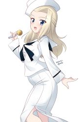 Rule 34 | 1girl, artist name, blonde hair, blue eyes, blush, breasts, clara (girls und panzer), dated, dress, girls und panzer, hat, highres, kuzuryuu kennosuke, long hair, looking at viewer, microphone, one-hour drawing challenge, open mouth, sailor dress, simple background, small breasts, smile, solo, white background